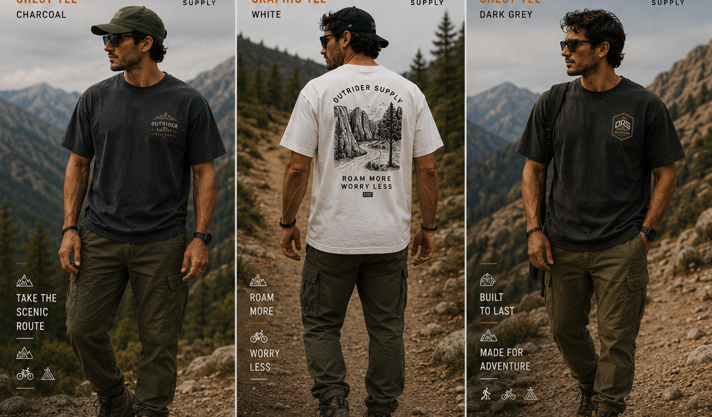 OutRider Supply back-print tees worn on the road