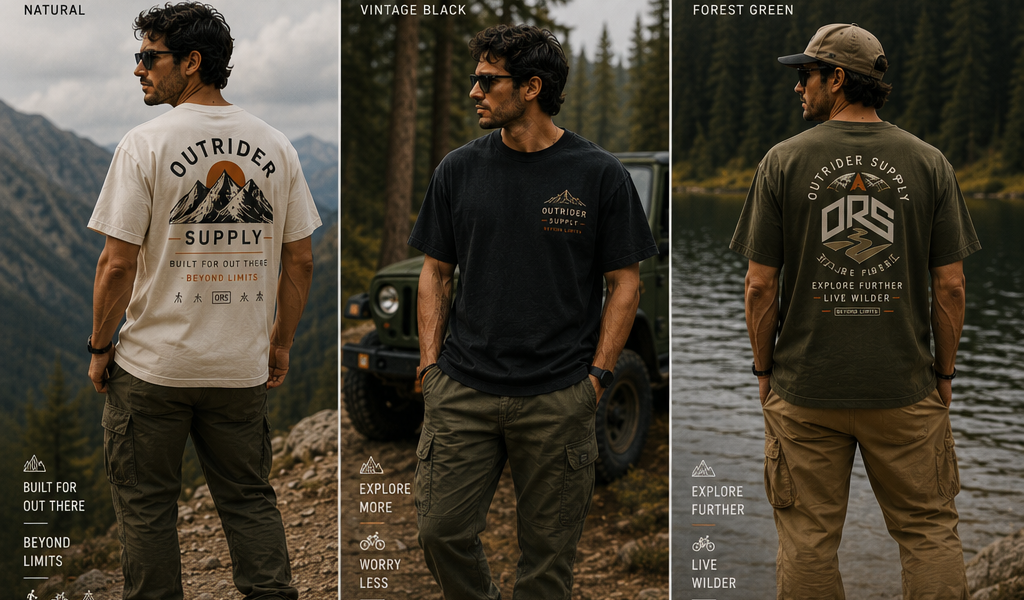 OutRider Supply graphic tees worn across outdoor lifestyle settings