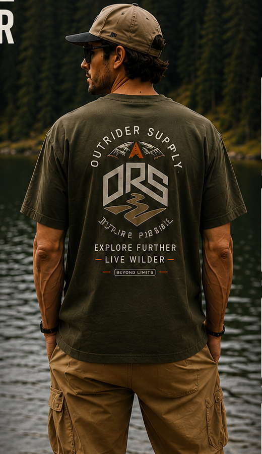 Model wearing the Explore Further forest-green graphic tee beside an alpine lake