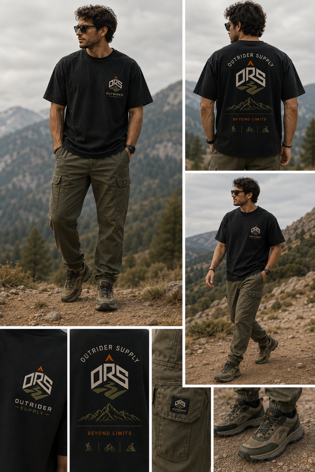 OutRider Supply model in a graphic tee outdoors