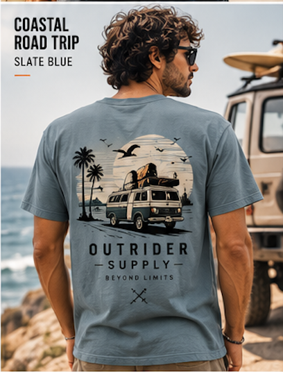 Coastal road trip with OutRider Supply tees
