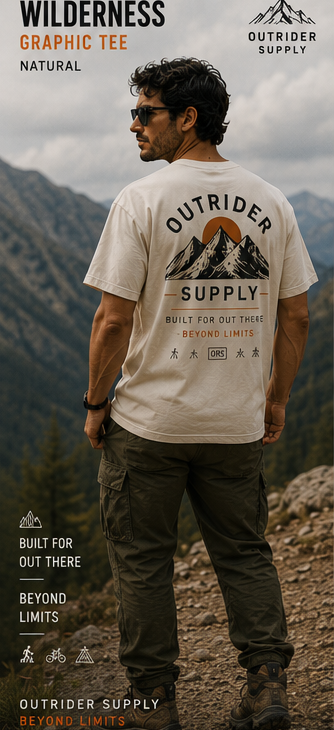 Wilderness back-print tee against the treeline