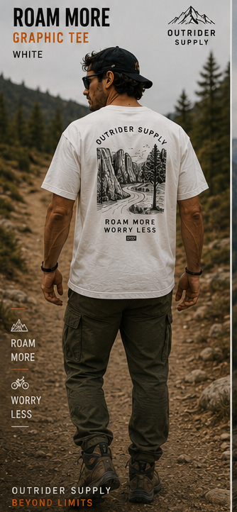 Roam More back-print tee worn on the road
